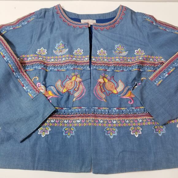 Laurie Felt 100% Cotton Bohemian Floral Embroidered Blazer Jacket - Picture 3 of 14